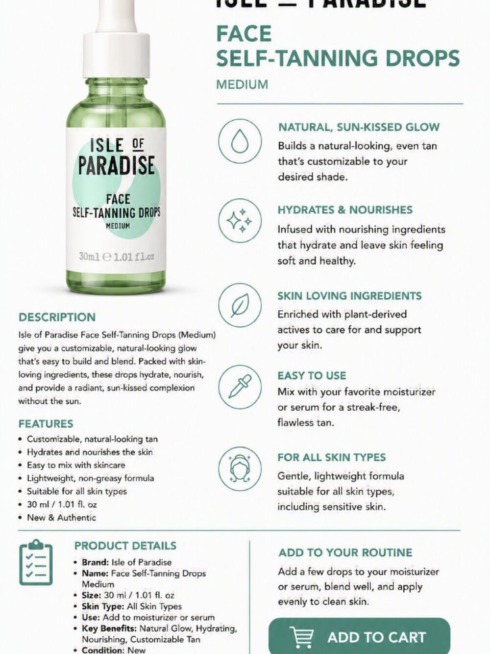 NEW Isle of Paradise Face Self-Tanning Drops Medium 1.01 oz / 30 mL Glow Serum